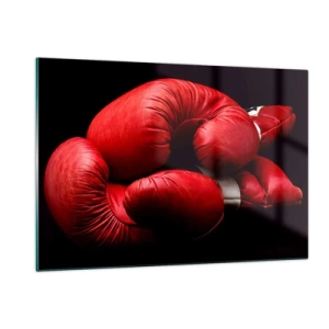Impression sur verre - Image sur verre - Gants de boxe rouges sur fond noir - 120x80cm - Les émotions du combat sont derrière nous - Décoration murale moderne pour le salon et la chambre ARTTOR