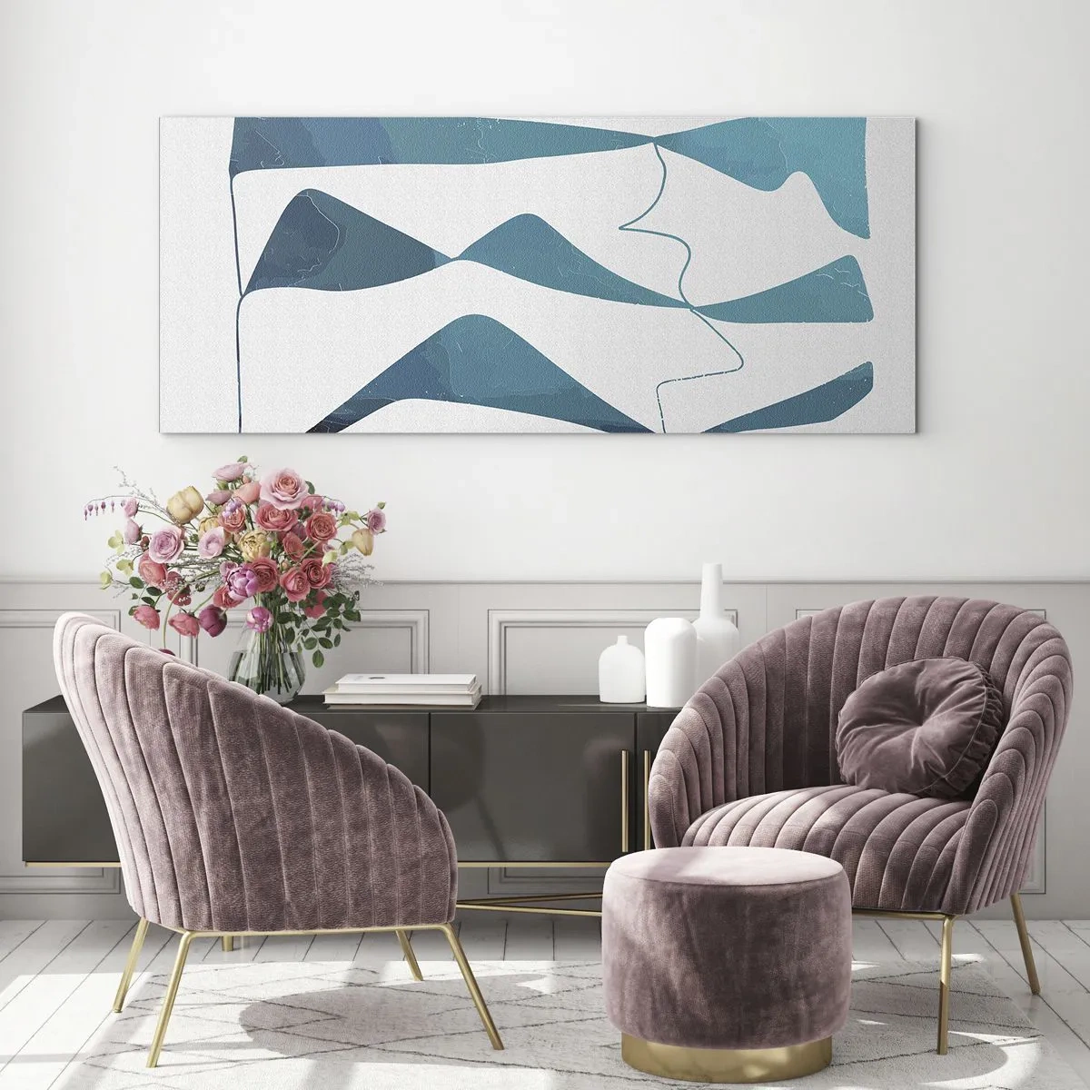 Impression sur verre - Image sur verre - Formes abstraites dans des tons de bleu sur fond blanc - 140x50cm - Abstraction : composé turquoise - Décoration murale moderne pour le salon et la chambre ARTTOR