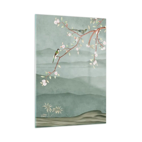 Impression sur verre - Image sur verre - Une branche avec des fleurs et des oiseaux sur un fond de collines verdoyantes - 50x70cm - Printemps oh c'est toi - Décoration murale moderne pour le salon et la chambre ARTTOR