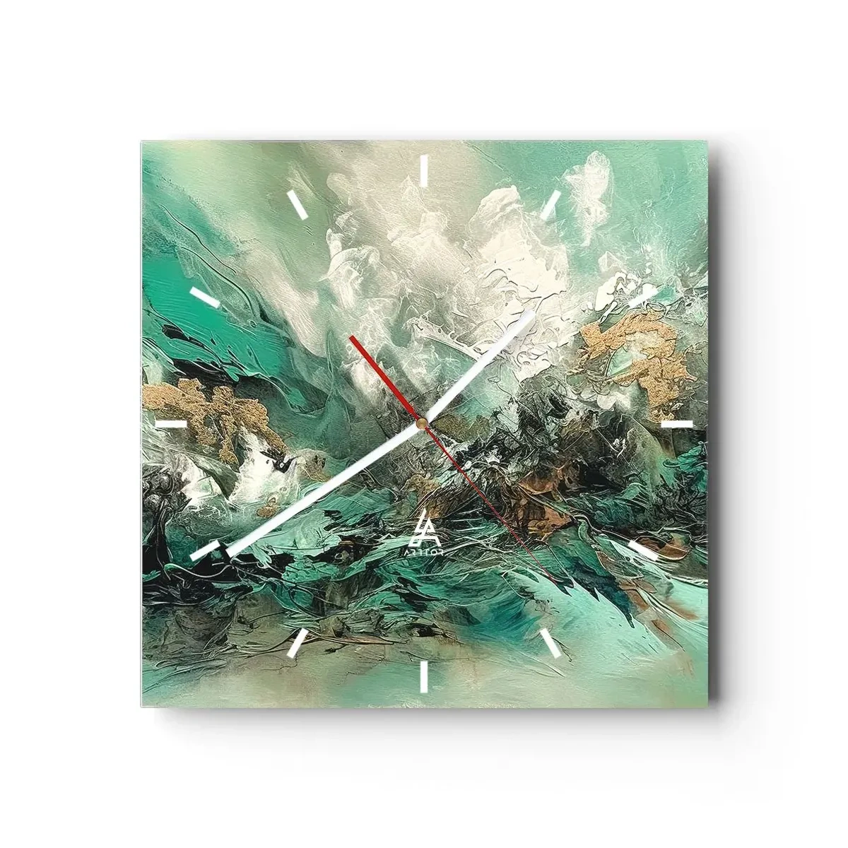 Horloge murale - Pendule murale - Paysage abstrait dans les tons de vert et d'or - 30x30cm - Ressac émeraude et noir - Décoration murale moderne pour le salon et la chambre ARTTOR