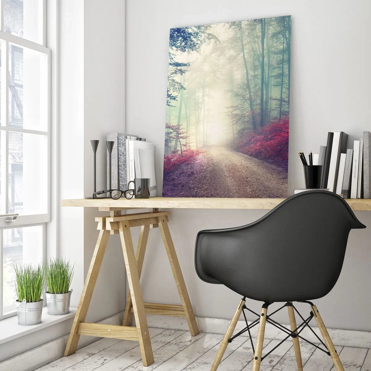 Impression sur verre - Image sur verre - Un sentier forestier magique entouré d'arbres et de brouillard - 80x120cm - Comme c'est bon de se lever à l'aube - Décoration murale moderne pour le salon et la chambre ARTTOR