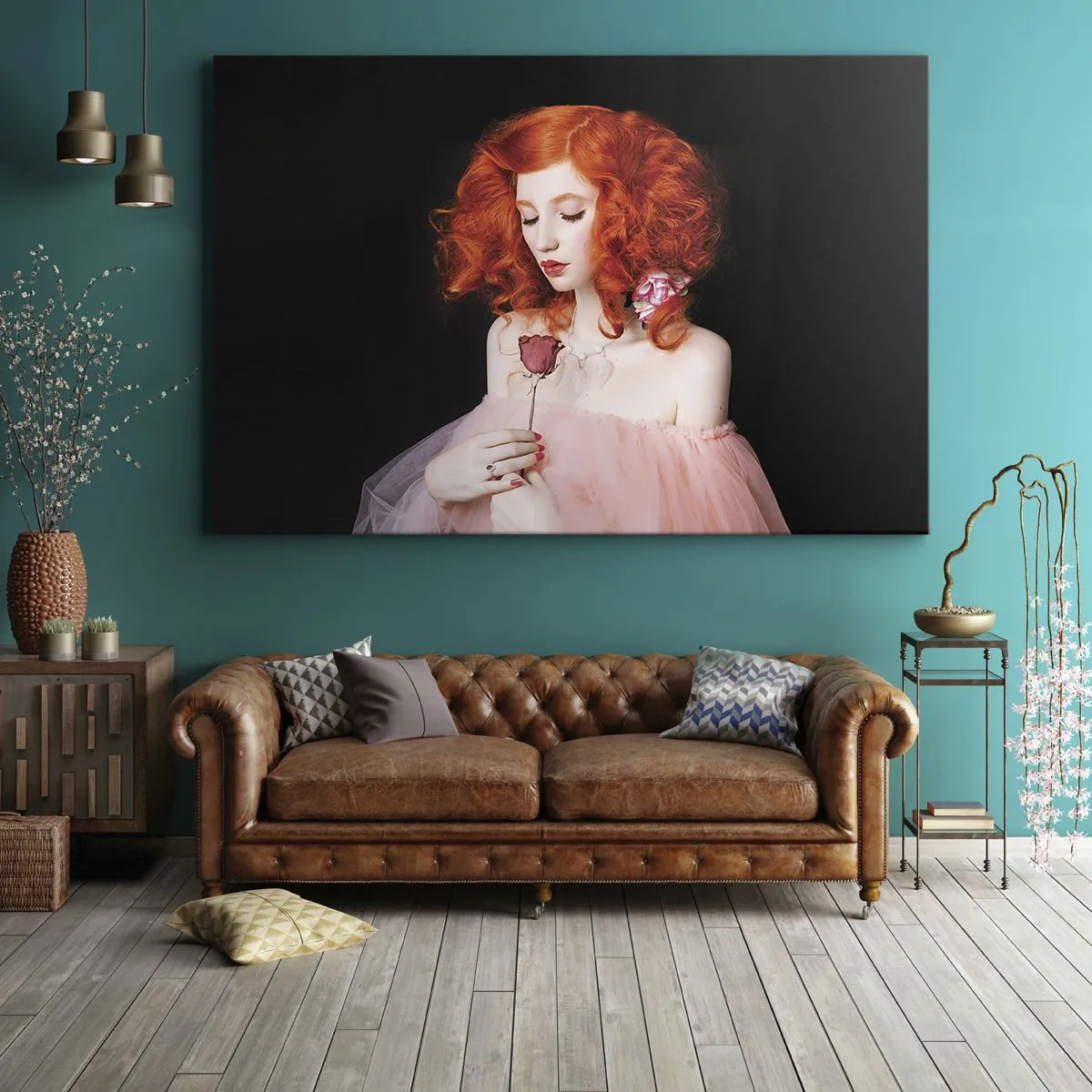 Impression sur toile - Image sur toile - Une femme aux cheveux roux tenant une rose - 120x80cm - De style baroque - Décoration murale moderne pour le salon et la chambre ARTTOR