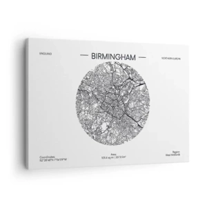 Impression sur toile - Image sur toile - Une carte minimaliste en noir et blanc de Birmingham avec des détails précis. - 70x50cm - Anatomie de Birmingham - Décoration murale moderne pour le salon et la chambre ARTTOR
