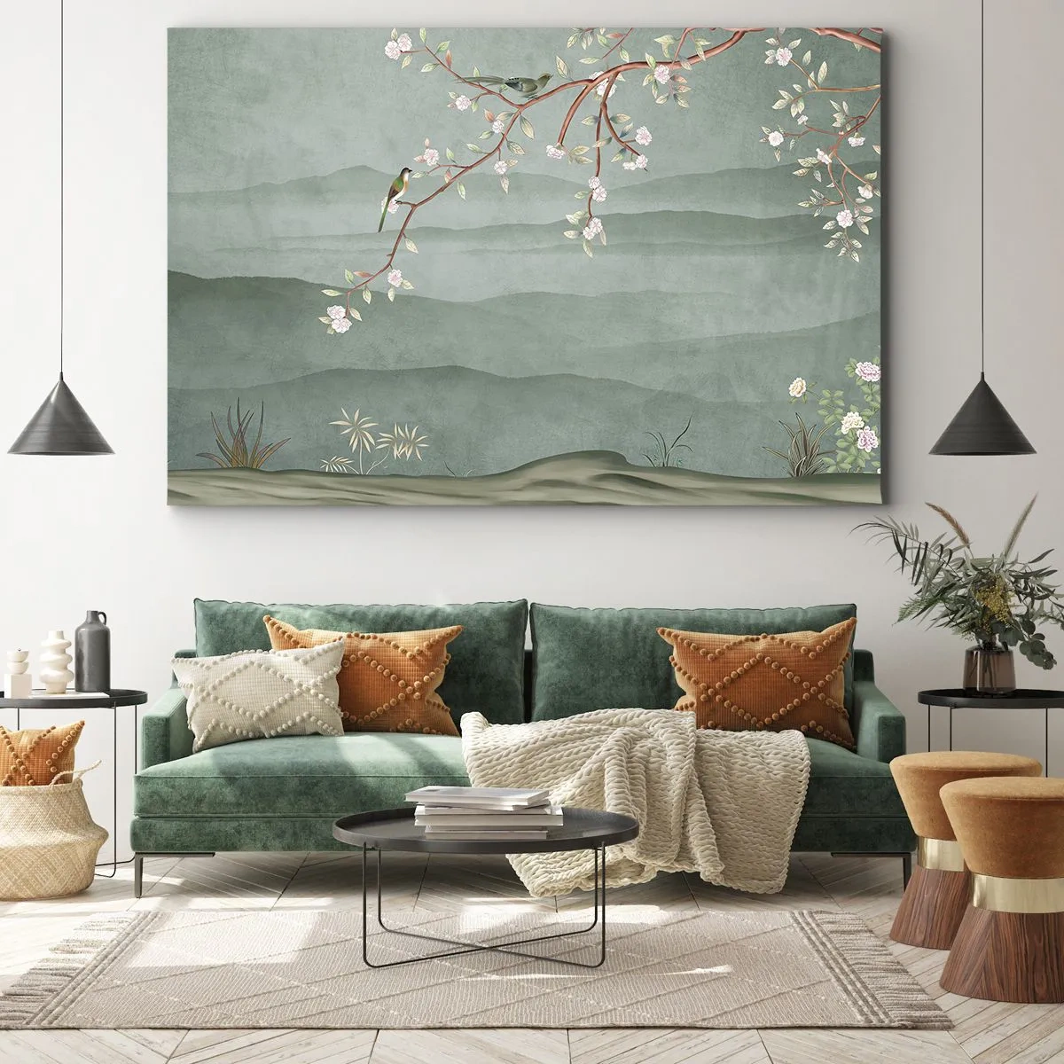 Impression sur toile - Image sur toile - Une image pittoresque d'une branche d'arbre en fleurs avec des oiseaux sur fond de collines verdoyantes. - 100x70cm - Printemps oh c'est toi - Décoration murale moderne pour le salon et la chambre ARTTOR