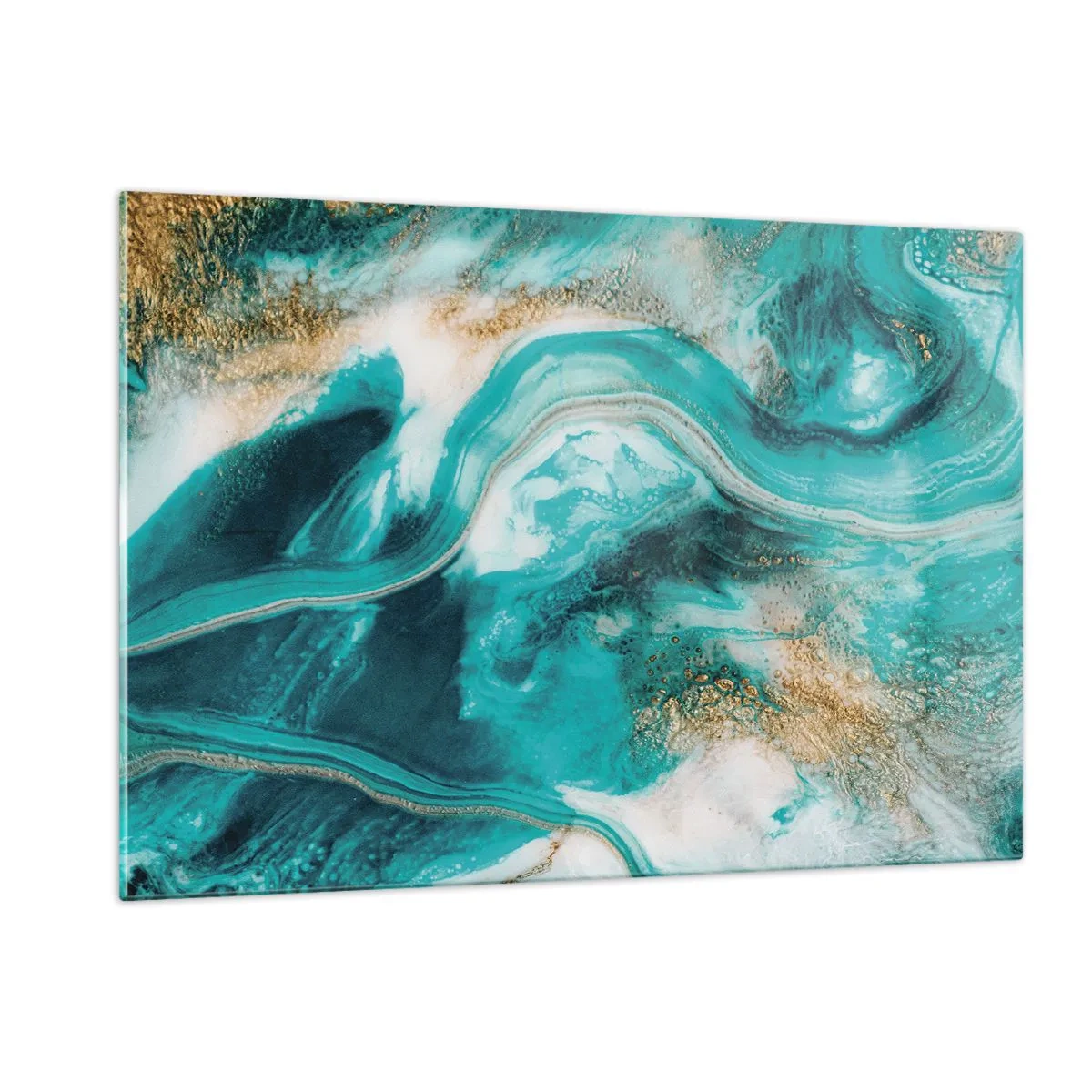 Impression sur verre - Image sur verre - Une composition abstraite en turquoise avec des accents dorés. - 120x80cm - Rivière d'or - Décoration murale moderne pour le salon et la chambre ARTTOR