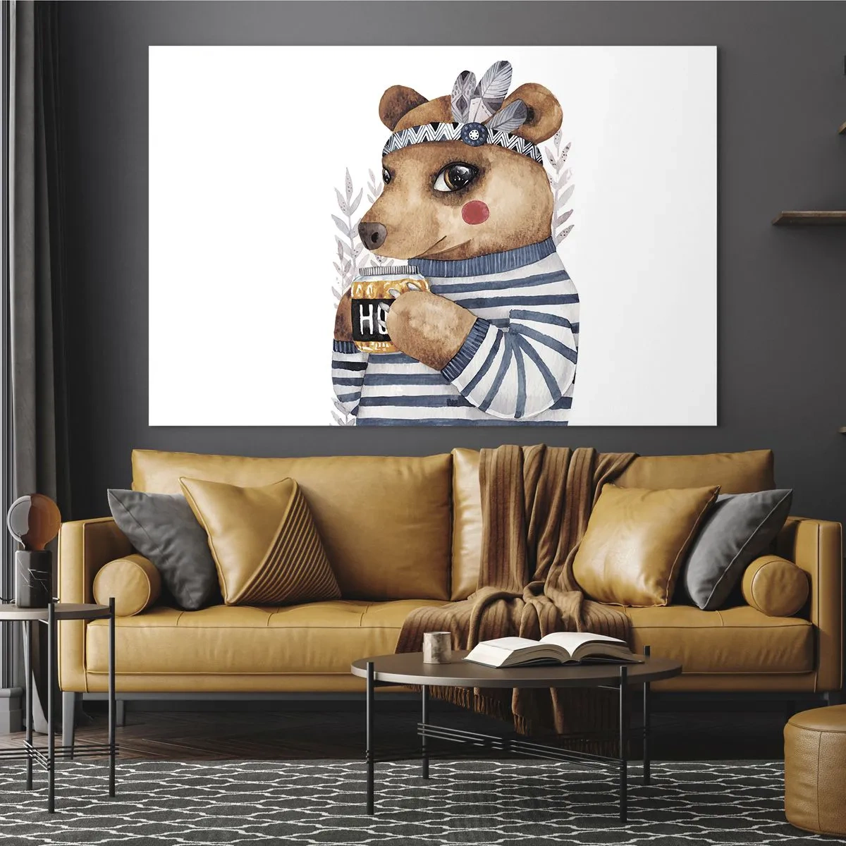 Impression sur verre - Image sur verre - Un ours en peluche rayé avec une tasse de miel et des plumes - 120x80cm - Un nounours trop mignon - Décoration murale moderne pour le salon et la chambre ARTTOR