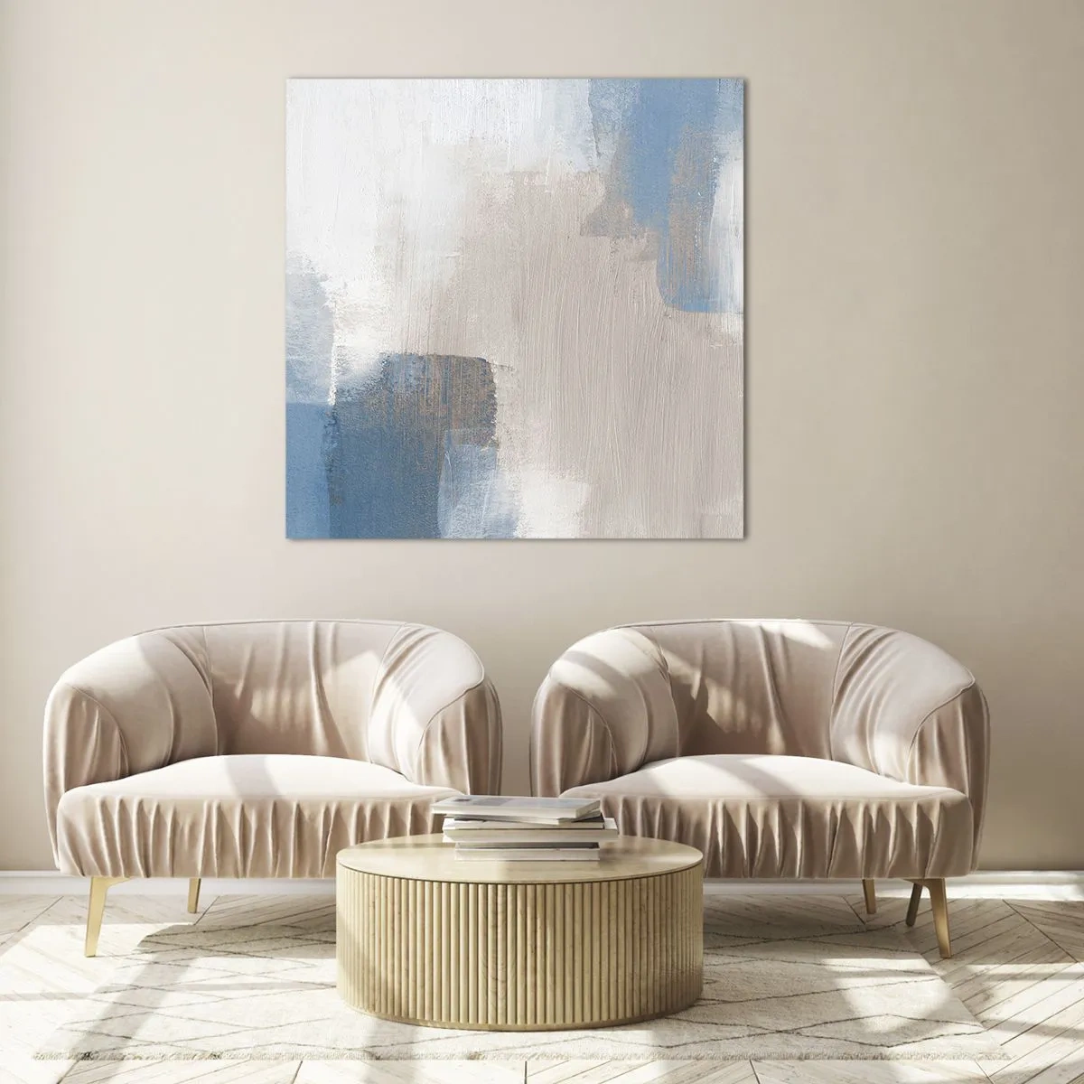 Impression sur verre - Image sur verre - Abstraction rose derrière un rideau de bleu - 70x70 cm