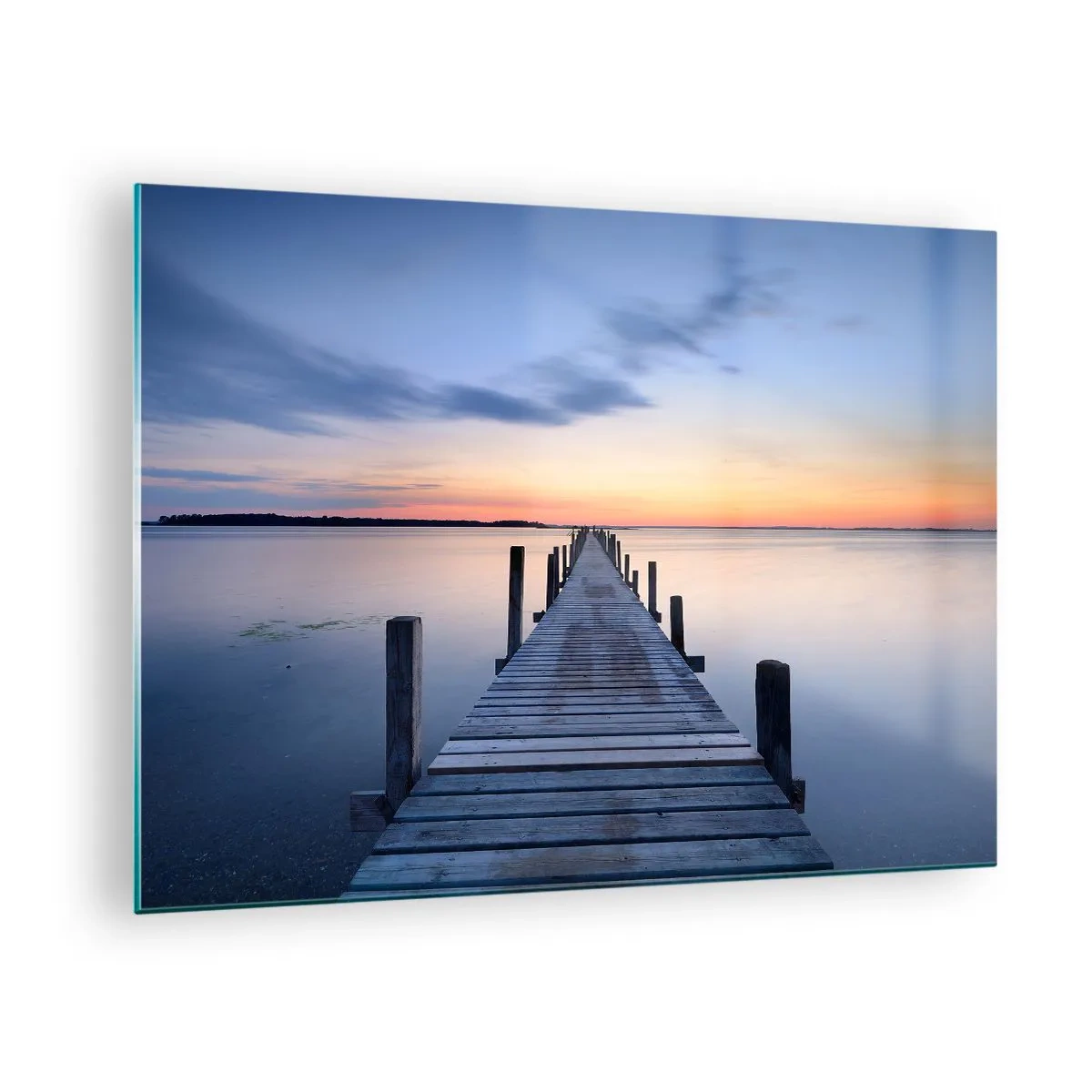 Impression sur verre - Image sur verre - Une jetée en bois sur un lac calme au coucher du soleil - 70x50cm - Le calme d'un crépuscule serein - Décoration murale moderne pour le salon et la chambre ARTTOR