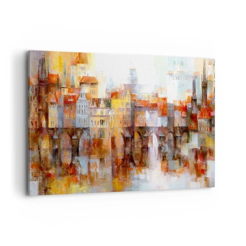 Impression sur toile - Image sur toile - Un panorama pittoresque de la ville avec un pont aux couleurs d'automne - 100x70cm - C'est aussi beau sous le pont - Décoration murale moderne pour le salon et la chambre ARTTOR