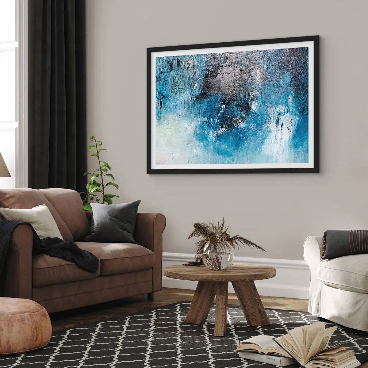 Affiche dans un cadre noir - Poster - Coups de pinceau abstraits dans des tons de bleu - 70x50cm - Rhapsodie en bleu - Décoration murale moderne pour le salon et la chambre ARTTOR