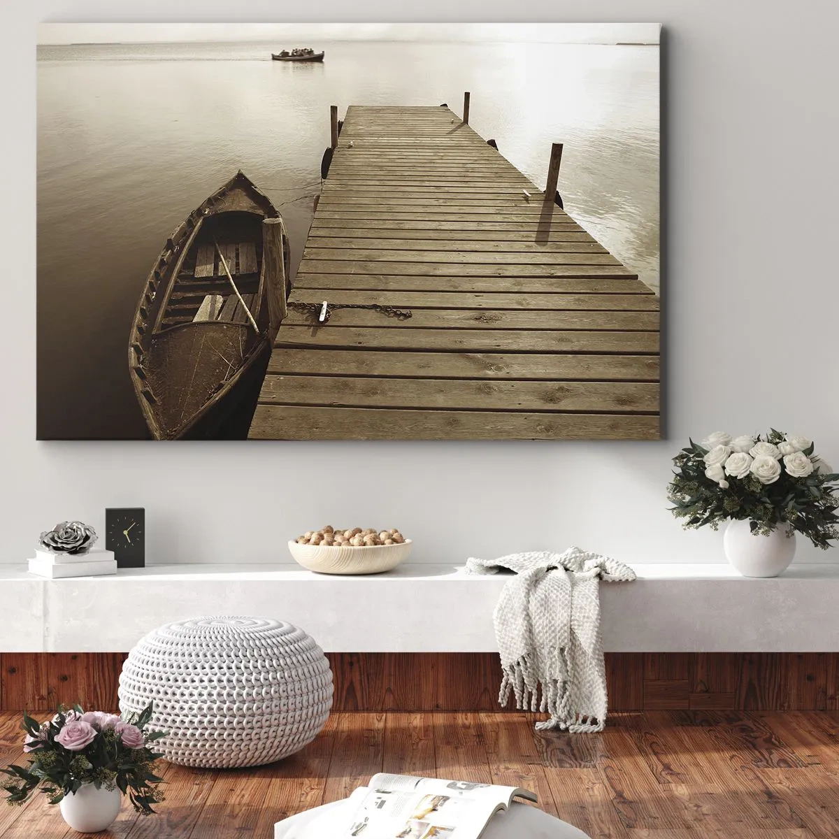 Impression sur toile - Image sur toile - Jetée en bois et bateau sur un lac calme - 70x50cm - Le grand silence - Décoration murale moderne pour le salon et la chambre ARTTOR