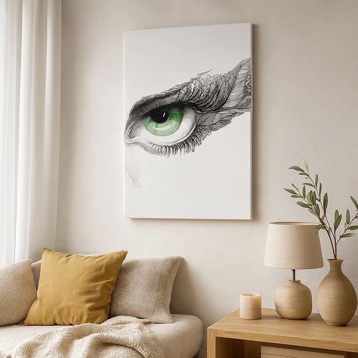 Impression sur toile - Image sur toile - Œil artistique avec iris vert et détails de dessin - 50x70cm - Belle et prête à l'attaque - Décoration murale moderne pour le salon et la chambre ARTTOR