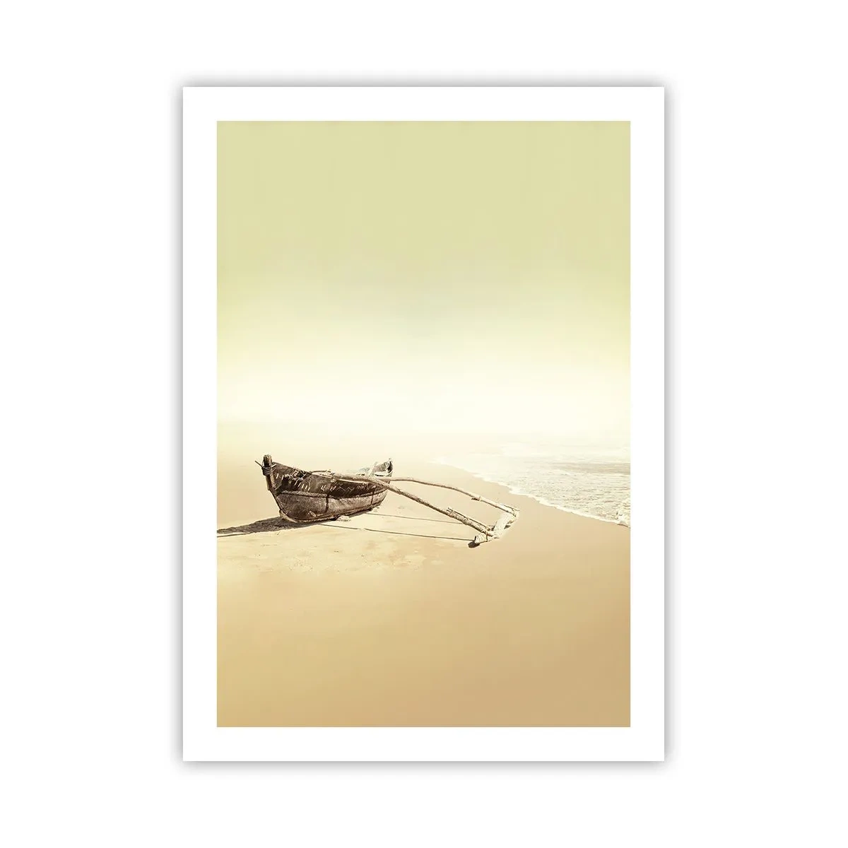 Affiche - Poster - Un bateau en bois solitaire sur une plage déserte aux couleurs pastel. - 50x70cm - Mémoire des mers du sud - Décoration murale moderne pour le salon et la chambre ARTTOR