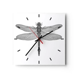 Horloge murale - Pendule murale - Dessin noir et blanc d'une libellule sur fond blanc dans un style minimaliste - 30x30cm - Précision de la nature - Décoration murale moderne pour le salon et la chambre ARTTOR
