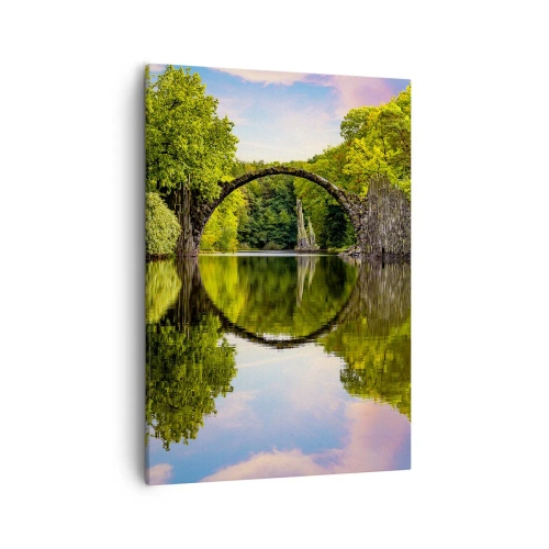 Impression sur toile - Image sur toile - Un pont de pierre sur une rivière avec un reflet parfait dans l'eau - 50x70cm - À la jonction de deux mondes - Décoration murale moderne pour le salon et la chambre ARTTOR