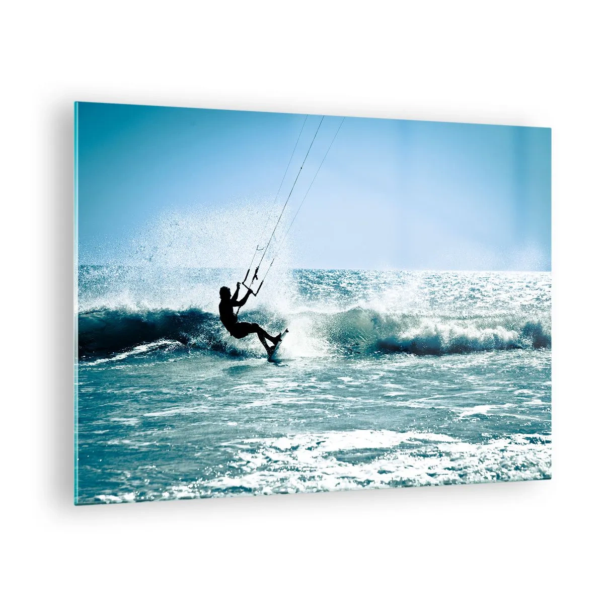 Impression sur verre - Image sur verre - Kitesurfeur sur les vagues de l'océan par une journée ensoleillée - 70x50cm - On se laisse emporter - Décoration murale moderne pour le salon et la chambre ARTTOR