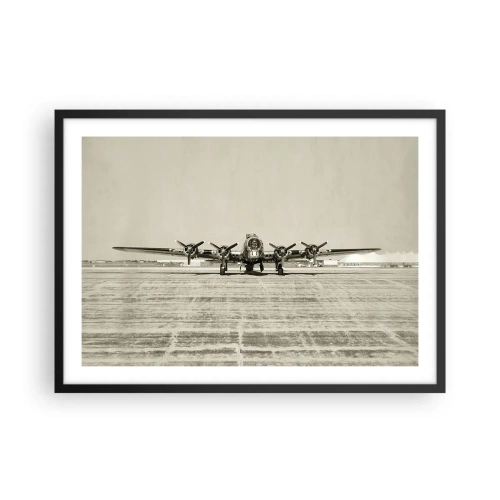Affiche dans un cadre noir - Poster - Avion historique à l'aéroport en sépia - 70x50cm - Toujours prêt! - Décoration murale moderne pour le salon et la chambre ARTTOR