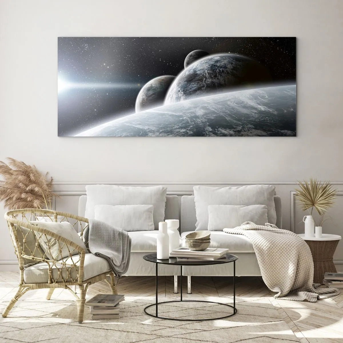 Impression sur verre - Image sur verre - Planètes dans l'espace sur fond d'étoiles et de galaxies - 160x50cm - Musique cosmique des sphères - Décoration murale moderne pour le salon et la chambre ARTTOR