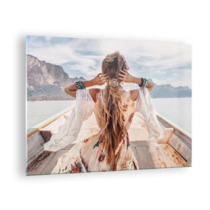 Impression sur verre - Image sur verre - Une femme sur un bateau regardant vers les montagnes et le lac. - 70x50cm - En route vers le bonheur - Décoration murale moderne pour le salon et la chambre ARTTOR