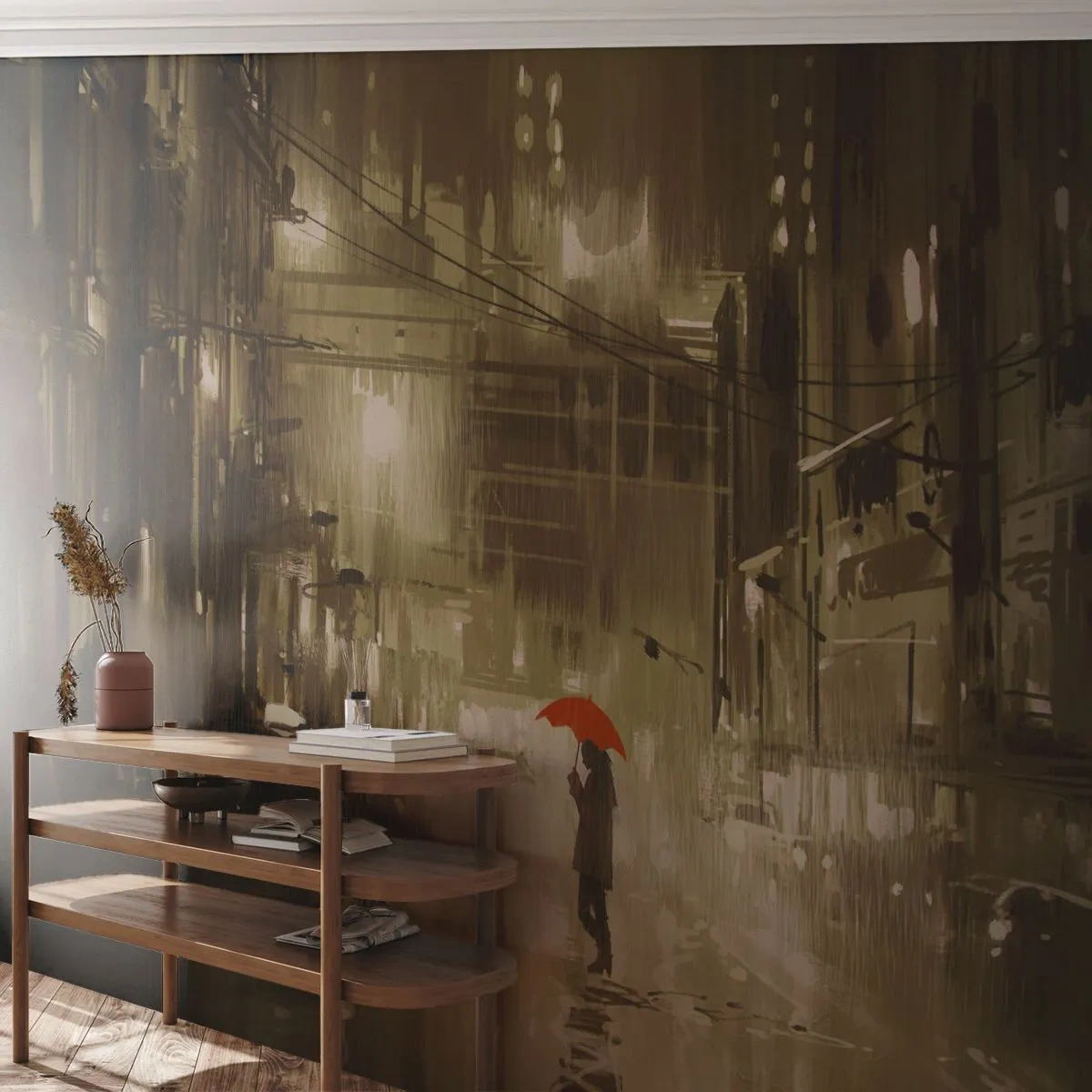 Papier Peint Photo Premium Sand - Une silhouette avec un parapluie rouge dans une ville pluvieuse la nuit - 100x70cm - Seule mais pas solitaire - Décoration murale moderne pour le salon et la chambre ARTTOR