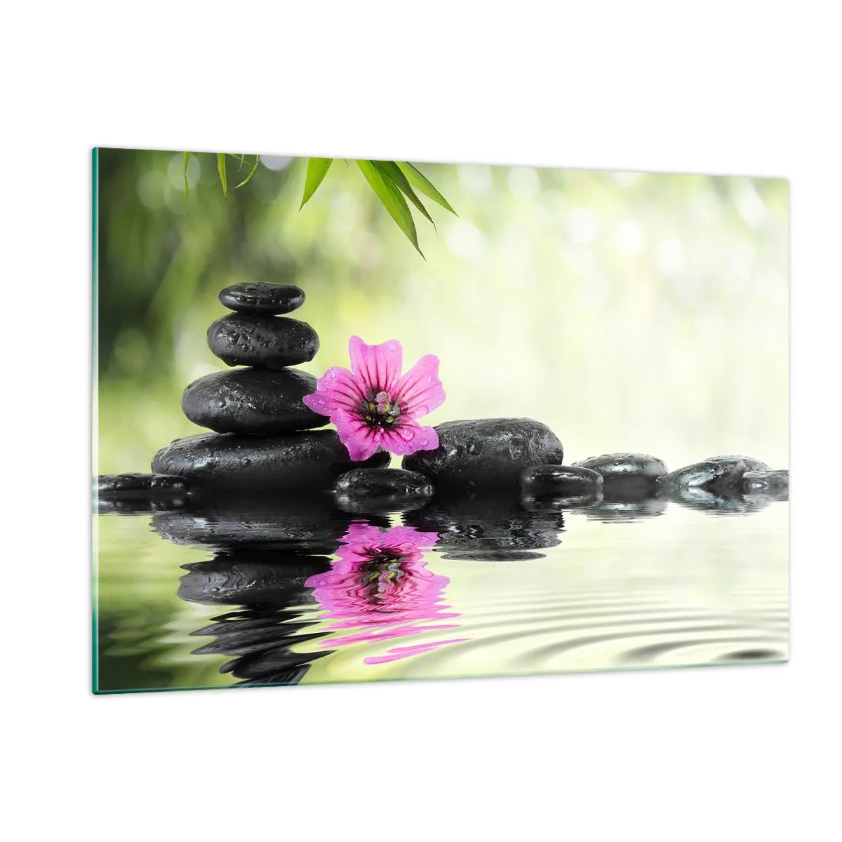 Impression sur verre - Image sur verre - Pierres noires et une fleur rose sur fond de nature - 120x80cm - Temps pour l'âme - Décoration murale moderne pour le salon et la chambre ARTTOR