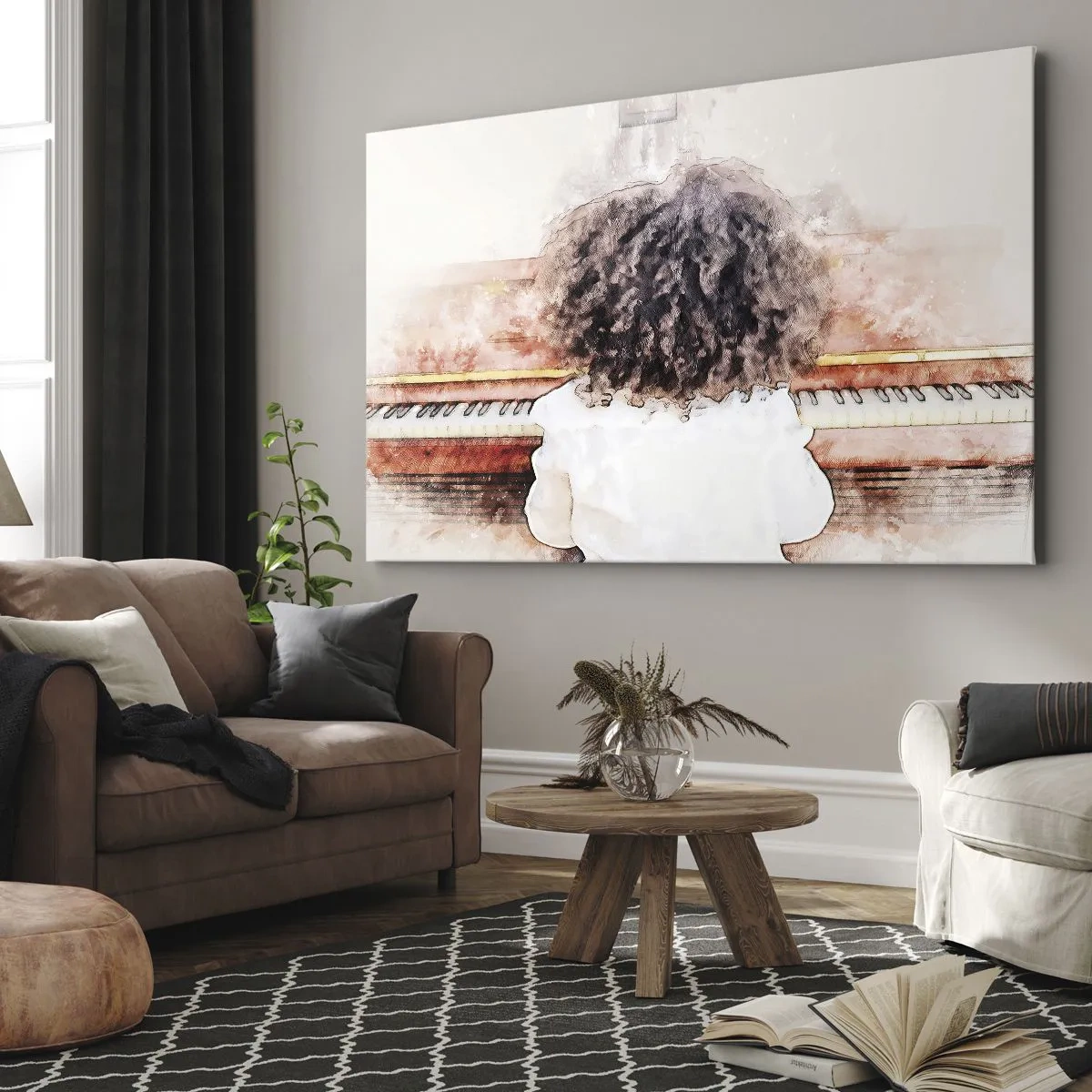 Impression sur toile - Image sur toile - Une fille aux cheveux touffus au piano - 120x80cm - Dans un nouveau monde - Décoration murale moderne pour le salon et la chambre ARTTOR