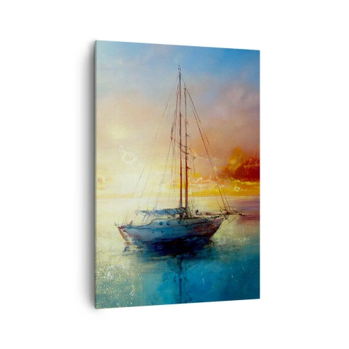 Impression sur toile - Image sur toile - Un yacht sur une mer calme au coucher du soleil - 70x100cm - Dans une baie dorée - Décoration murale moderne pour le salon et la chambre ARTTOR
