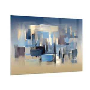 Impression sur verre - Image sur verre - Coups de pinceau géométriques dans les tons de bleu et de beige - 100x70cm - Construction bleue - Décoration murale moderne pour le salon et la chambre ARTTOR