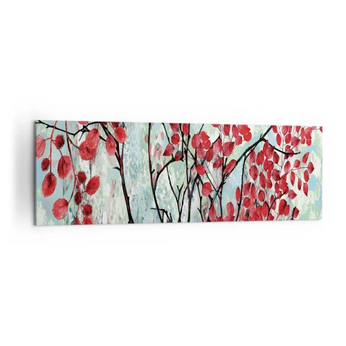 Impression sur toile - Image sur toile - Feuilles rouges sur un ciel lumineux avec des motifs abstraits - 160x50cm - Arbre en écarlate - Décoration murale moderne pour le salon et la chambre ARTTOR