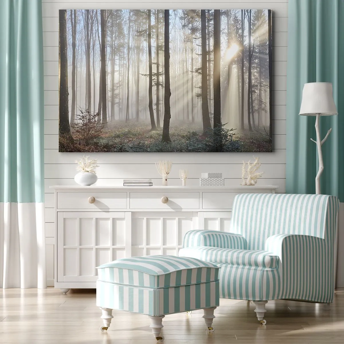Impression sur toile - Image sur toile - Une forêt dans un léger brouillard avec des rayons de soleil qui brillent à travers les arbres - 120x80cm - Le brouillard s'est aussi réveillé - Décoration murale moderne pour le salon et la chambre ARTTOR