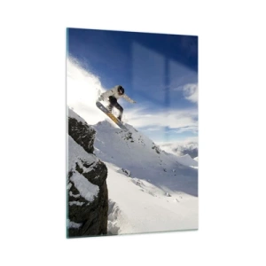 Impression sur verre - Image sur verre - Un snowboarder sautant d'une falaise dans les montagnes en hiver - 50x70cm - Liberté sans limite - Décoration murale moderne pour le salon et la chambre ARTTOR