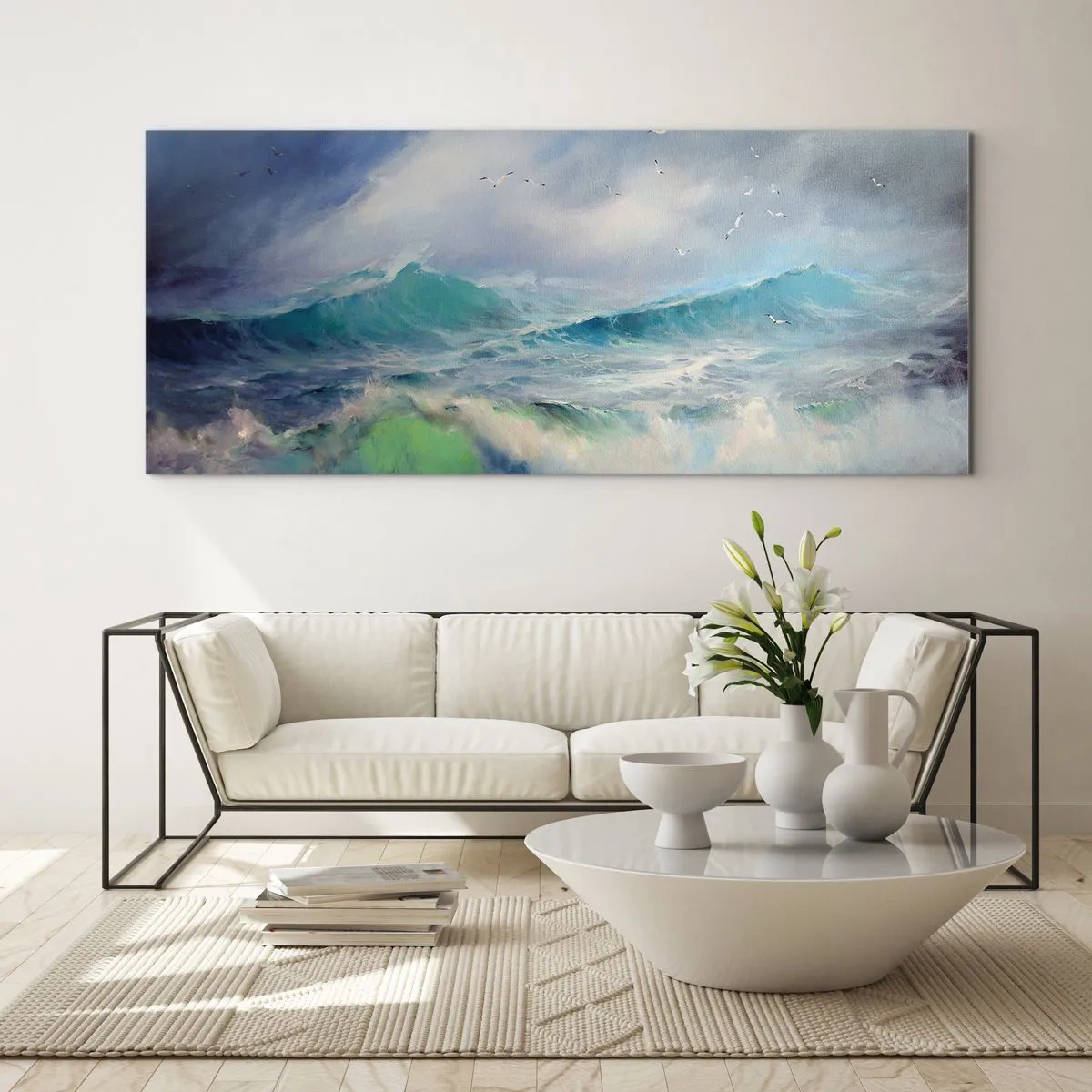 Impression sur verre - Image sur verre - De grosses vagues sur l'océan - 120x50cm - "Le tourbillon hurlait de triomphe..." - Décoration murale moderne pour le salon et la chambre ARTTOR