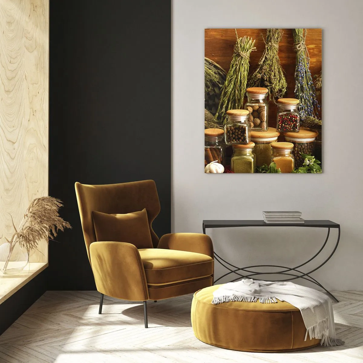 Impression sur verre - Image sur verre - Herbes et épices en pots sur fond rustique - 70x100cm - Sortilèges de cuisine - Décoration murale moderne pour le salon et la chambre ARTTOR