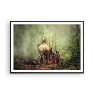 Affiche dans un cadre noir - Poster - Enfants avec un éléphant dans une forêt verte à la lumière du matin - 100x70cm - Nouveau livre de la jungle - Décoration murale moderne pour le salon et la chambre ARTTOR
