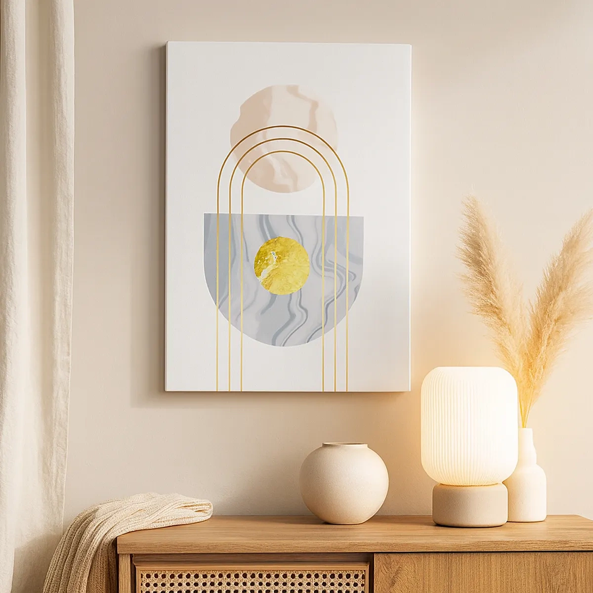 Impression sur toile - Image sur toile - Composition abstraite avec des cercles et des lignes dorées sur fond clair. - 50x70cm - Clareté et brillance - Décoration murale moderne pour le salon et la chambre ARTTOR