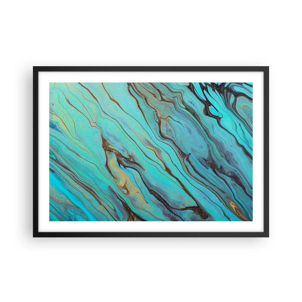 Affiche dans un cadre noir - Poster - Vagues abstraites dans des tons turquoise et or - 70x50cm - Marée turquoise - Décoration murale moderne pour le salon et la chambre ARTTOR