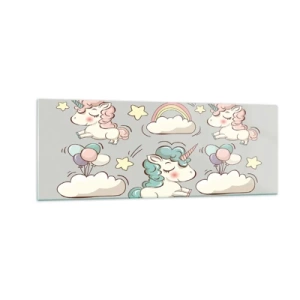 Impression sur verre - Image sur verre - Licornes mignonnes sur fond pastel - 140x50cm - Ils existe, c'est sûr… - Décoration murale moderne pour le salon et la chambre ARTTOR