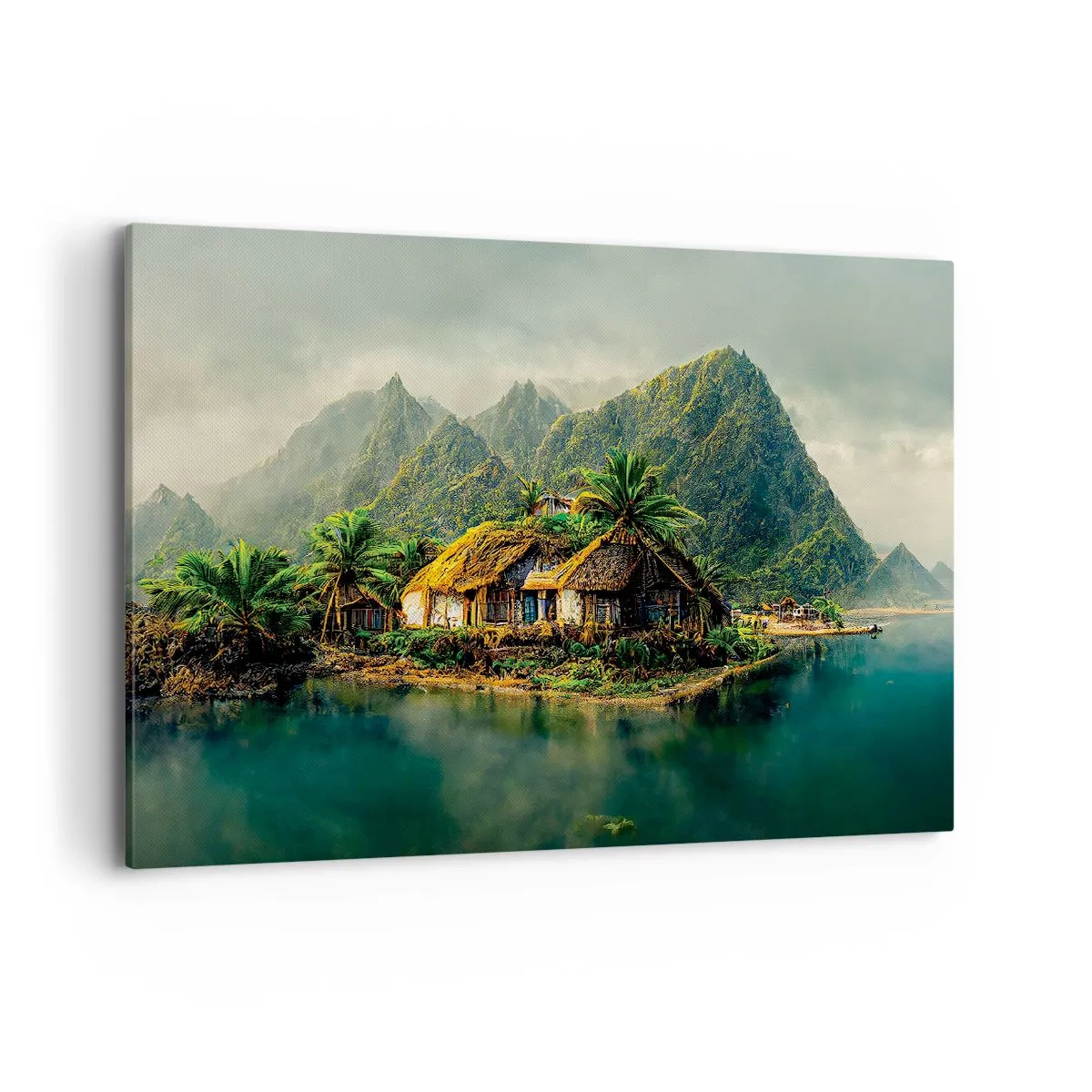 Impression sur toile - Image sur toile - Une île tropicale avec des palmiers et des montagnes en arrière-plan - 120x80cm - Paradis tropical - Décoration murale moderne pour le salon et la chambre ARTTOR