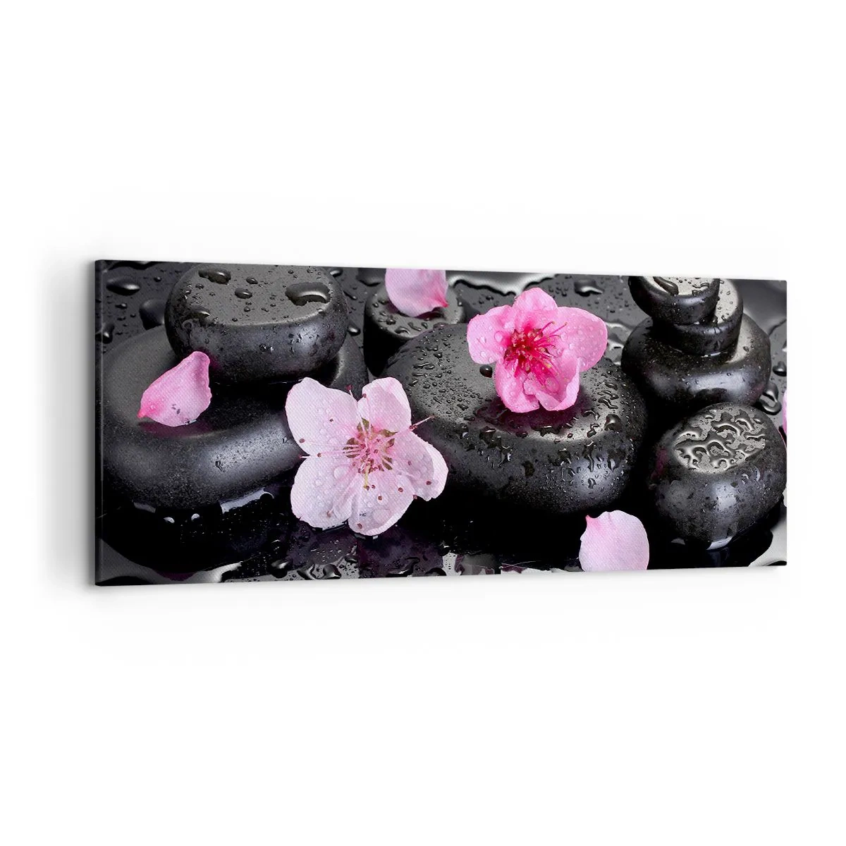 Impression sur toile - Image sur toile - Pierres noires et fleurs roses style spa - 120x50cm - Et le cœur s'allège soudainement - Décoration murale moderne pour le salon et la chambre ARTTOR