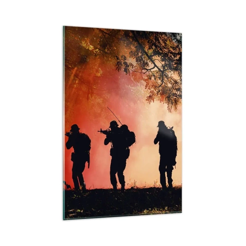 Impression sur verre - Image sur verre - Silhouettes de soldats dans la forêt contre le ciel orange - 80x120cm - … Tous pour un. - Décoration murale moderne pour le salon et la chambre ARTTOR