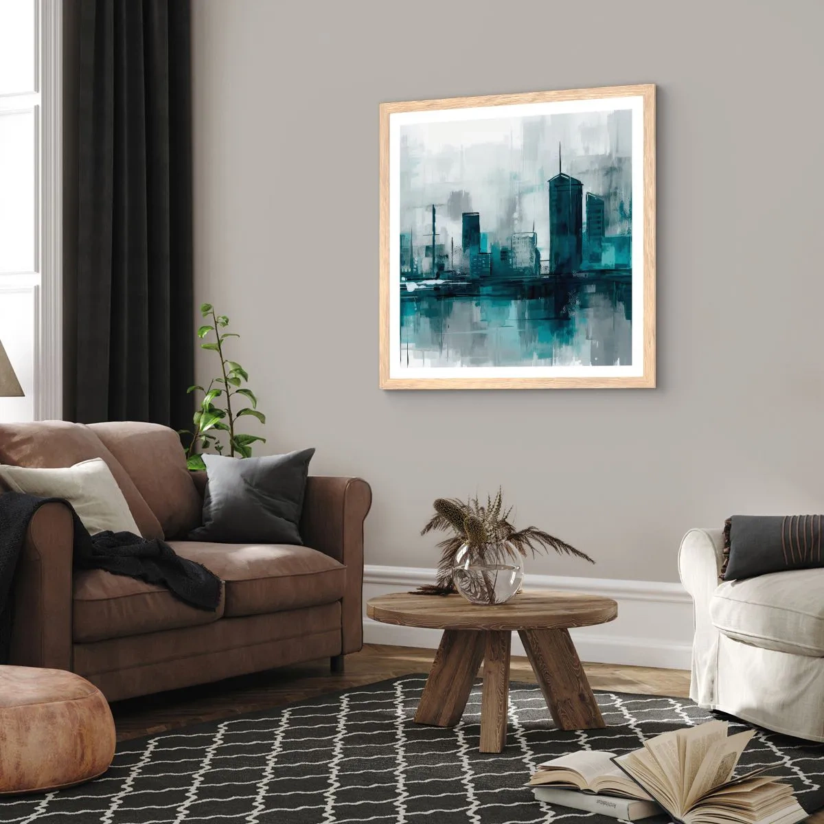 Affiche dans un chêne clair - Poster - Une ville couleur de pluie - 40x40 cm