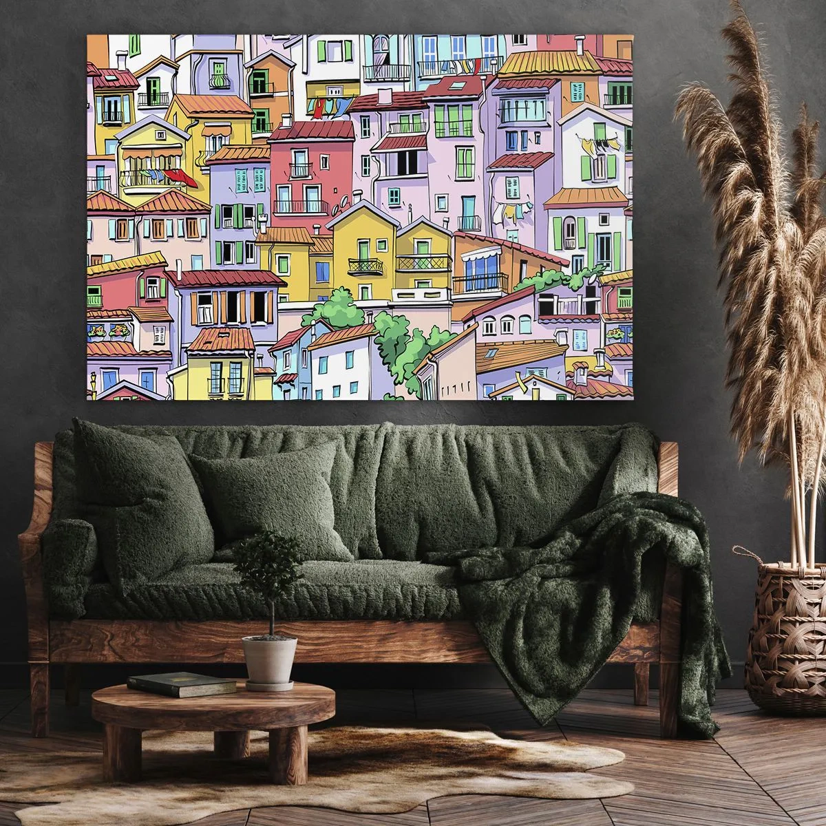 Impression sur toile - Image sur toile - Des immeubles colorés au style vivant et joyeux - 120x80cm - Ville joyeuse - Décoration murale moderne pour le salon et la chambre ARTTOR