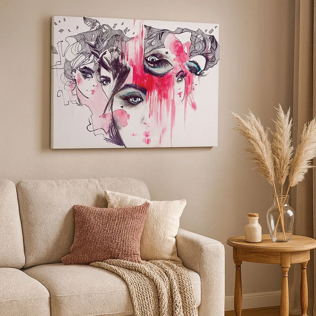 Impression sur toile - Image sur toile - Visage abstrait dans les tons de rose et de noir - 70x50cm - Yeux abstraits - Décoration murale moderne pour le salon et la chambre ARTTOR