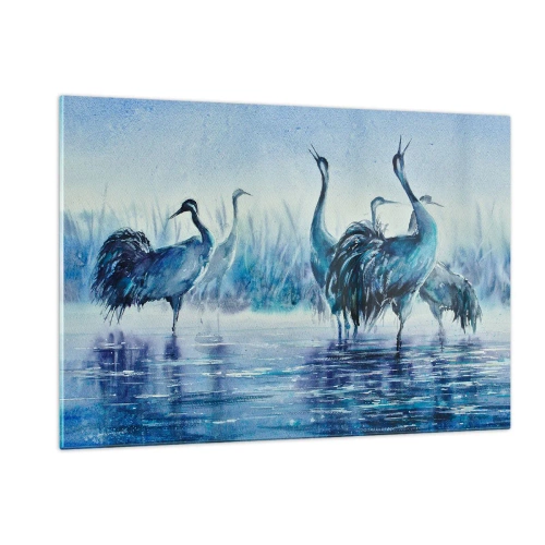 Impression sur verre - Image sur verre - Oiseaux pataugeant dans l'eau bleue - 120x80cm - Réunion matinale - Décoration murale moderne pour le salon et la chambre ARTTOR