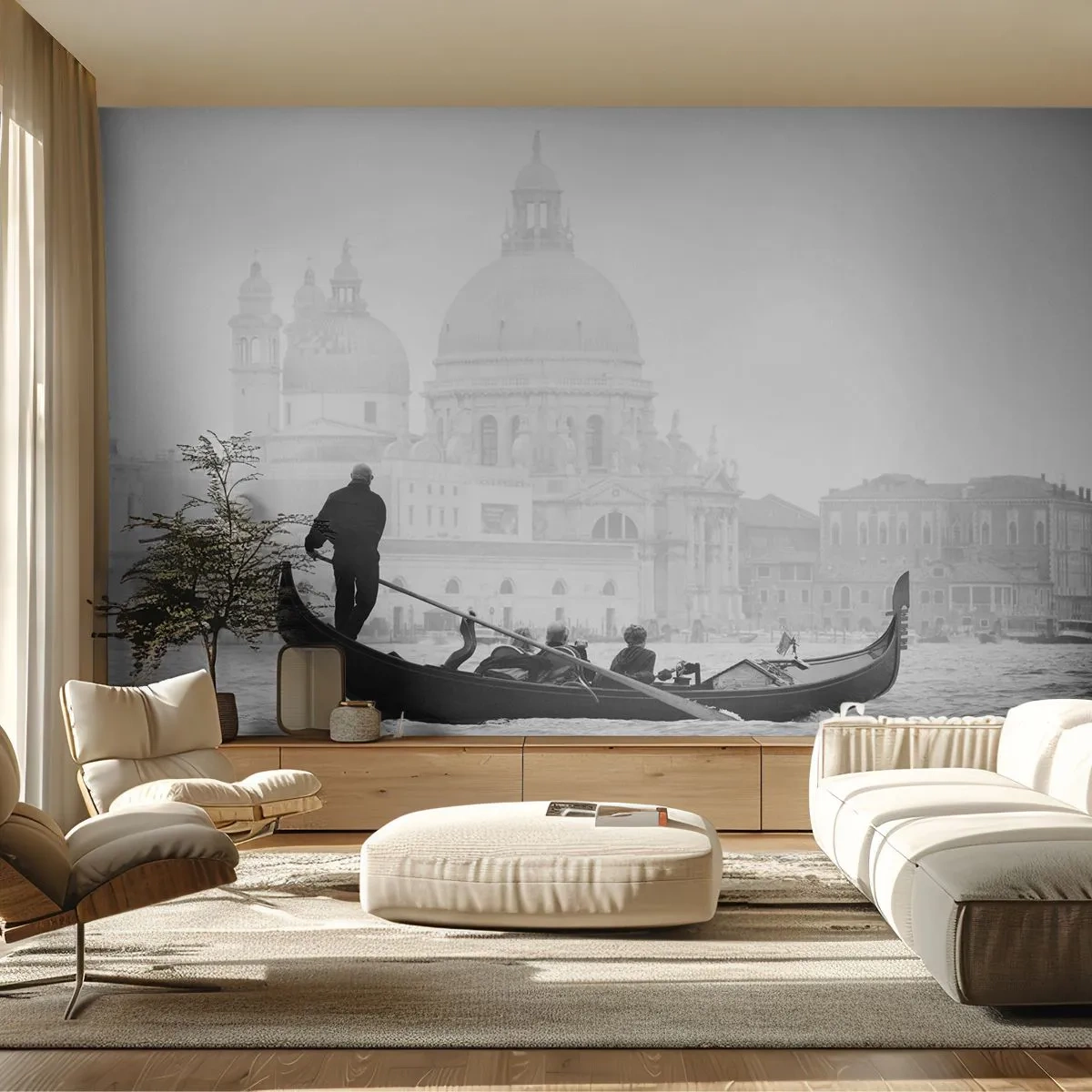 Papier Peint Photo Premium Sand - Une gondole sur les eaux de Venise en noir et blanc - 100x70cm - Voyage aux sources de la beauté - Décoration murale moderne pour le salon et la chambre ARTTOR