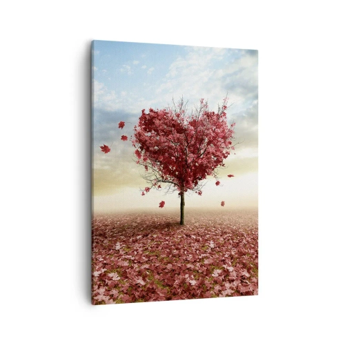 Impression sur toile - Image sur toile - Un arbre solitaire en forme de cœur dans un champ de feuilles rouges - 50x70cm - Vous allez aussi aimer l'automne - Décoration murale moderne pour le salon et la chambre ARTTOR