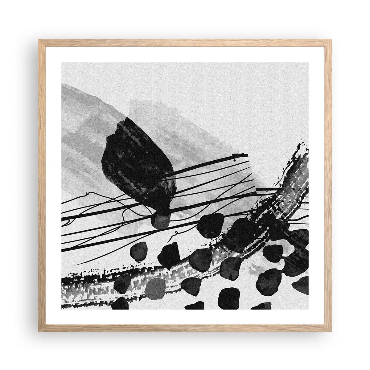 Affiche dans un chêne clair - Poster - Abstraction organique noir et blanc - 60x60 cm