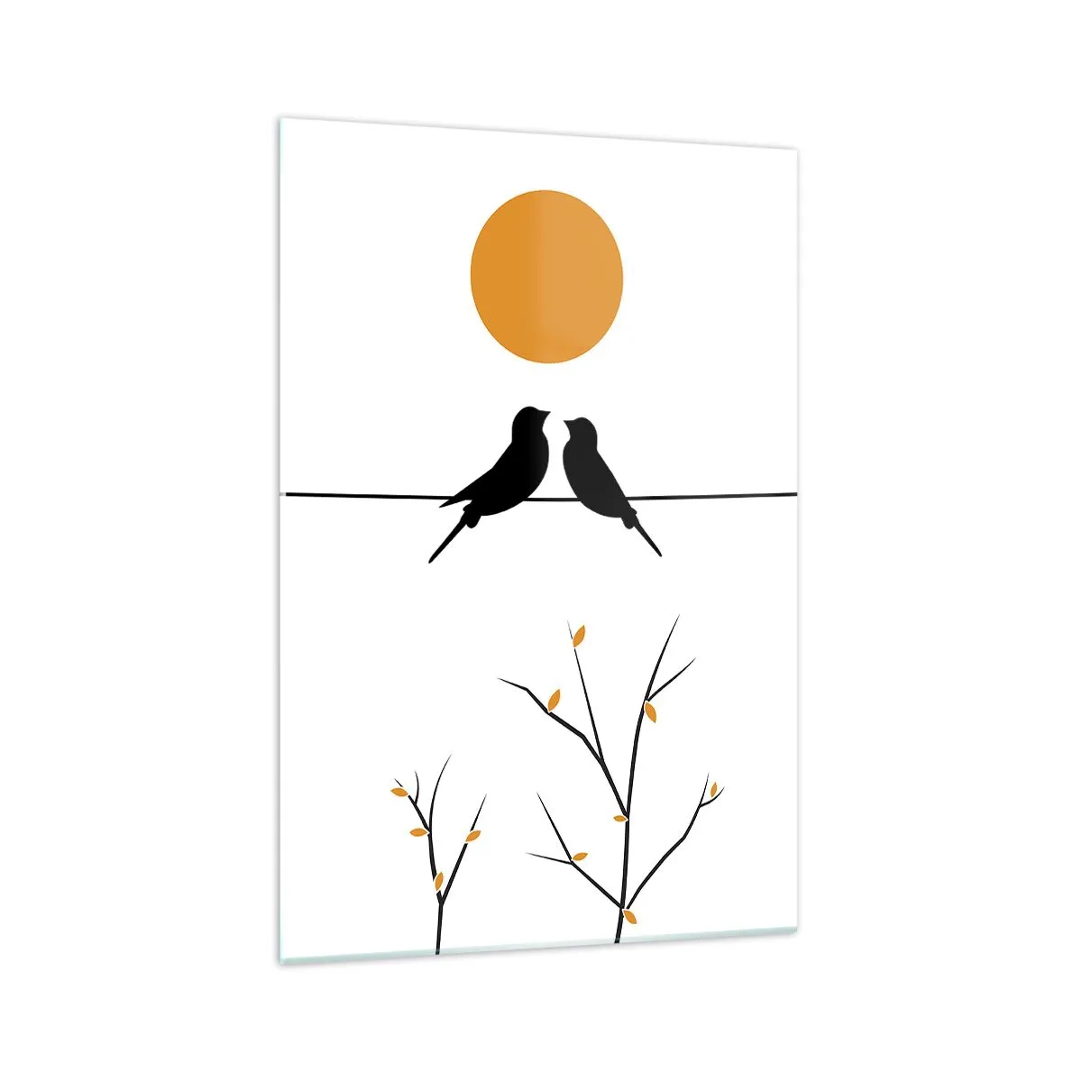 Impression sur verre - Image sur verre - Oiseaux sur une ligne avec un soleil jaune - 70x100cm - Soirée pour rossignols - Décoration murale moderne pour le salon et la chambre ARTTOR