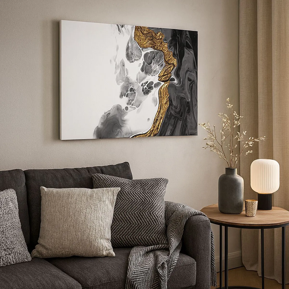 Impression sur toile - Image sur toile - Une composition abstraite avec des accents d'or et de noir. - 70x50cm - Composition organique - Décoration murale moderne pour le salon et la chambre ARTTOR