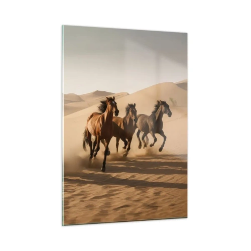 Impression sur verre - Image sur verre - Un troupeau de chevaux au galop dans le désert parmi les dunes de sable - 50x70cm - Libre comme le vent - Décoration murale moderne pour le salon et la chambre ARTTOR